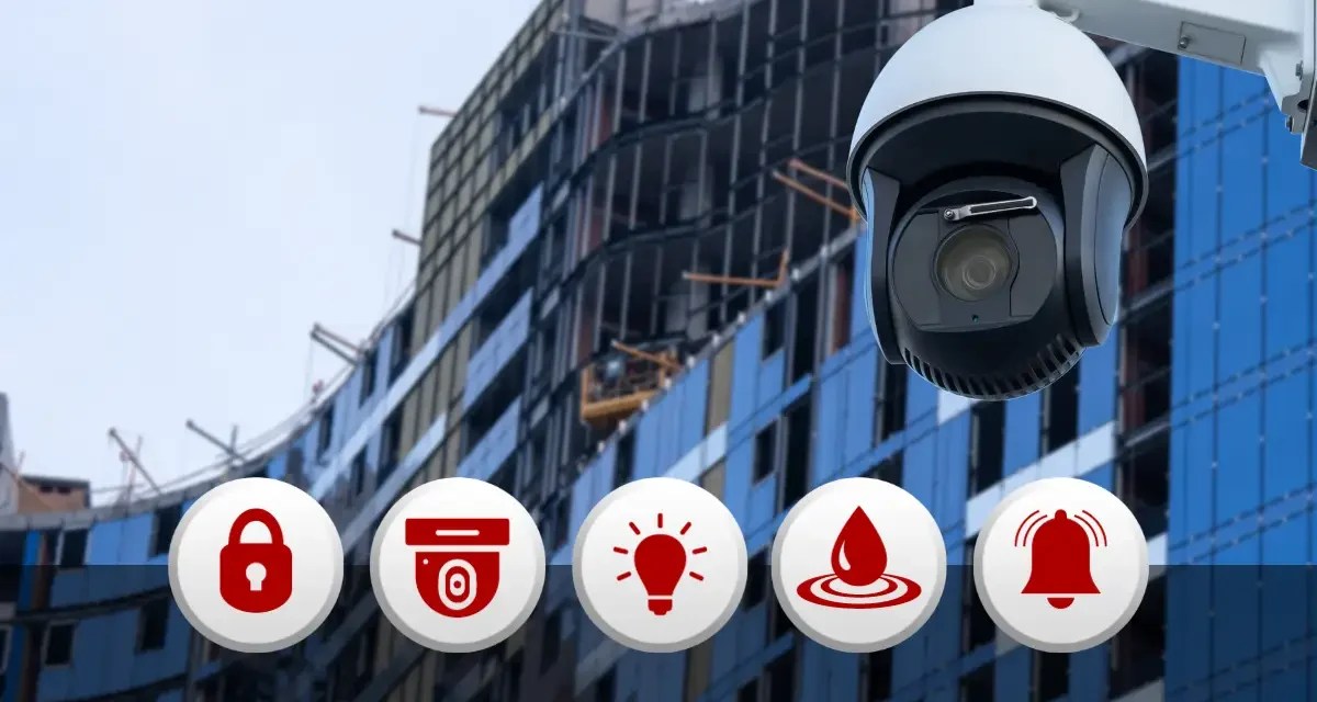 video camera overlooking a building under construction with icons for access control: lock, video camera, light, water, alarm